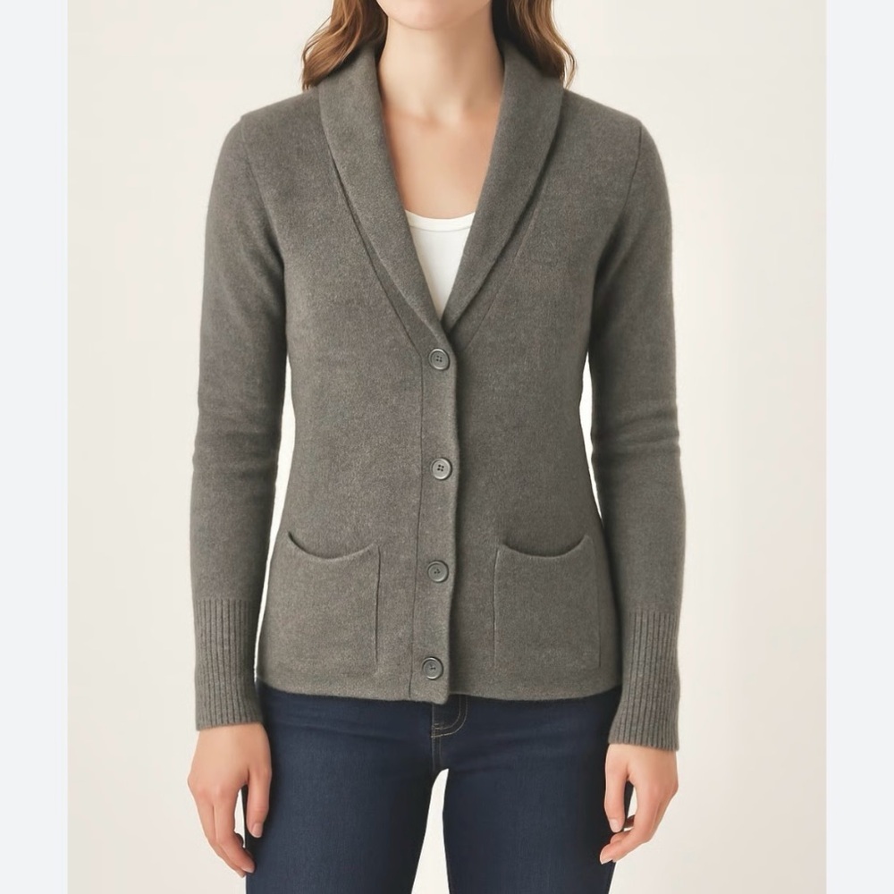 Cynthia Rowley 100% 2-Ply Cashmere Shawl Collar Cardigan Sweater L Gray Cozycore - Picture 2 of 12
